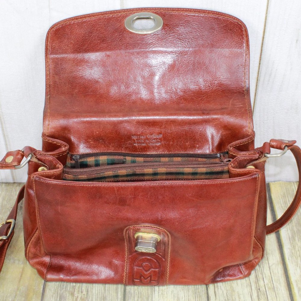 Marino Orlandi Brown Leather Flap Studded Plaid Lined Crossbody Purse Handbag - Picture 9 of 12